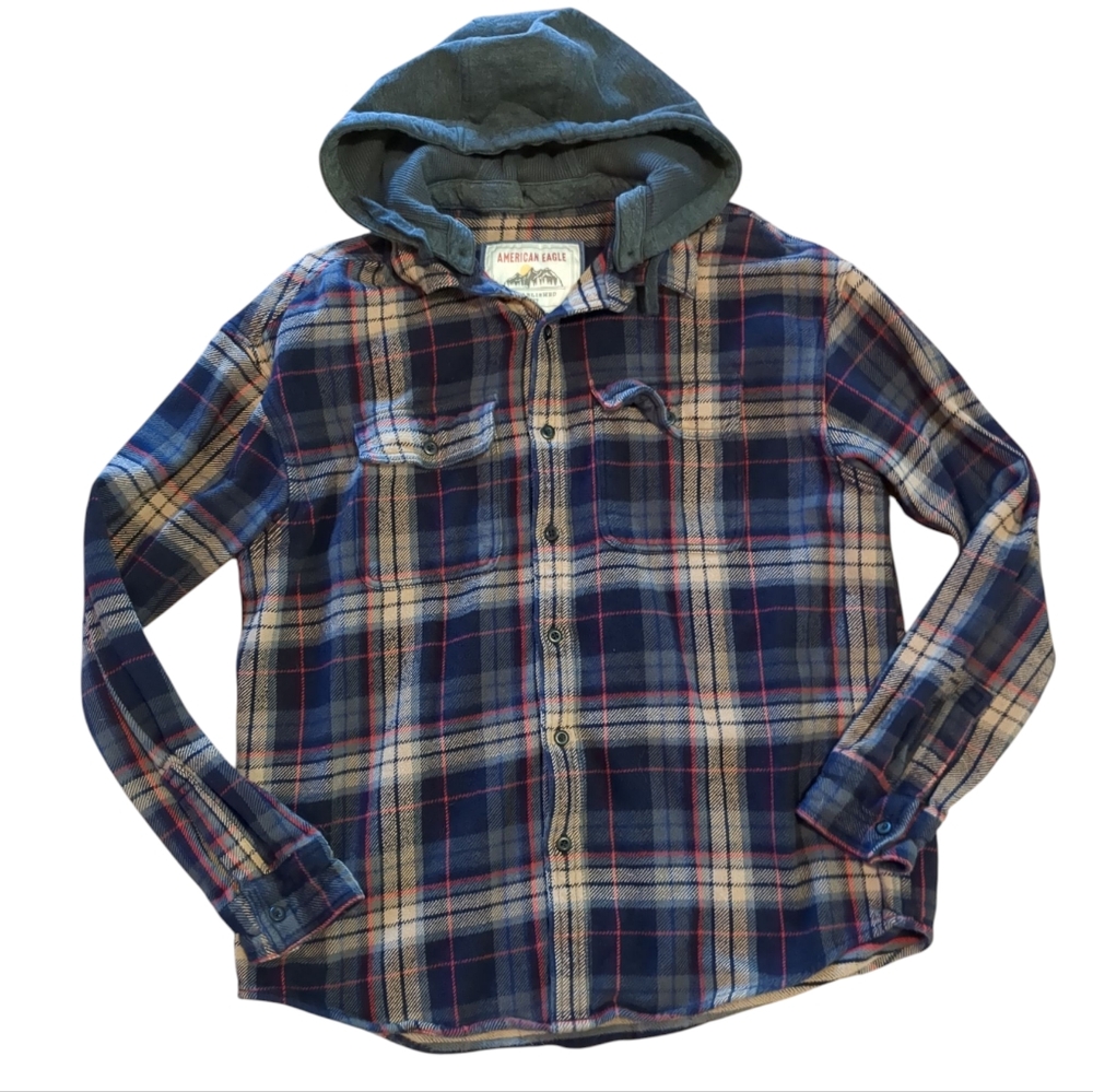 American Eagle Outfitters Navy and Gray Plaid Hooded Shirt Jacket